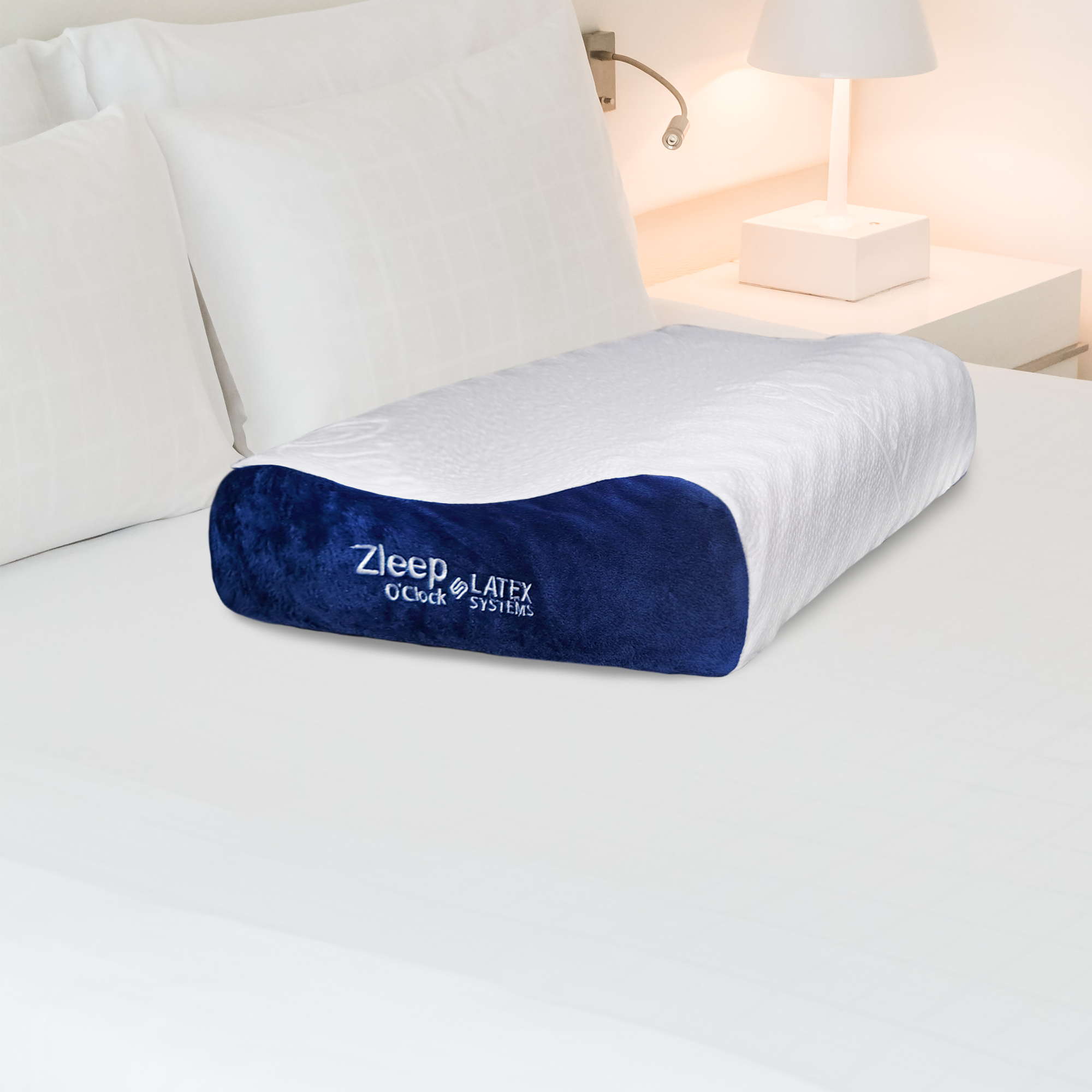 หมอนสุขภาพ ยางพารา ZLEEPO'CLOCK ทรงน้อบบี้ ขนาด60X40X13ซม สีขาว/น้ำเงิน_8